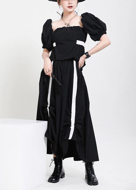 Handmade Black Patchwork Puff Sleeve Mid Dress Summer - SooLinen
