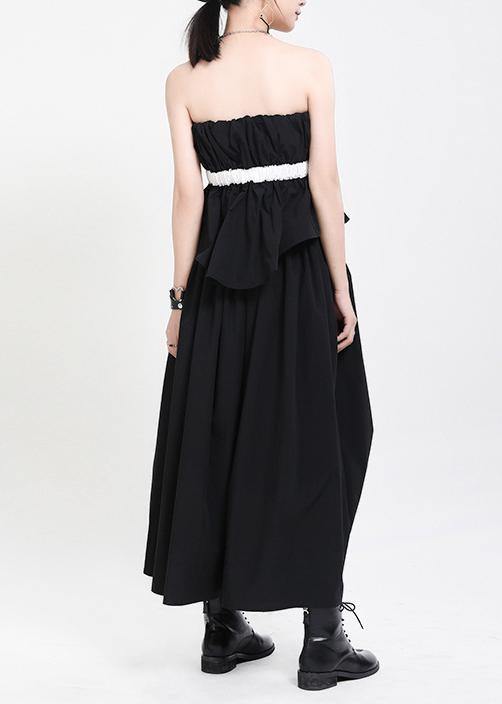 Handmade Black Patchwork Puff Sleeve Mid Dress Summer - SooLinen