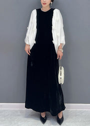 Handmade Black Pockets Pearl Patchwork Silk Velour Long Dress Fall