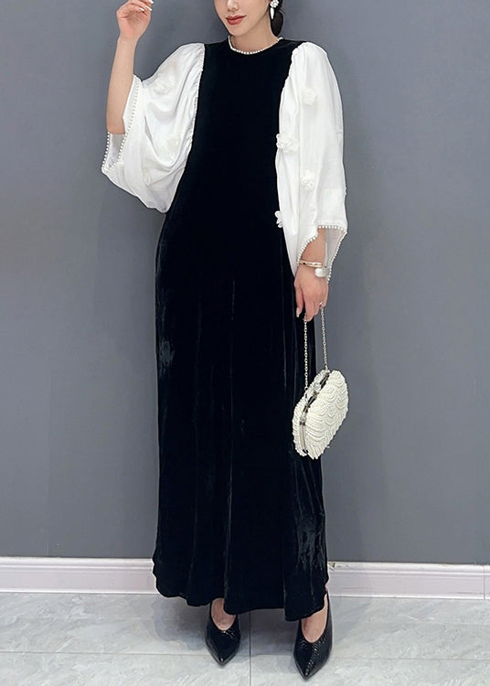 Handmade Black Pockets Pearl Patchwork Silk Velour Long Dress Fall