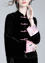 Handmade Black Print Button Silk Velour Shirt Spring
