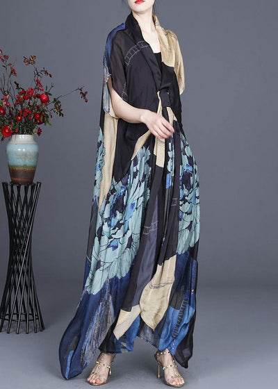 Handmade Black Print asymmetrical design Silk Two Pieces Set Summer Dress - SooLinen