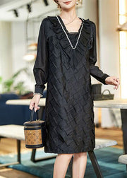 Handmade Black Ruffled Zircon Patchwork Cotton Mid Dress Spring