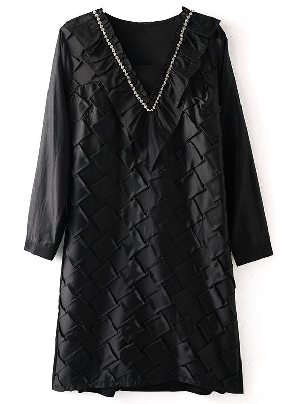 Handmade Black Ruffled Zircon Patchwork Cotton Mid Dress Spring