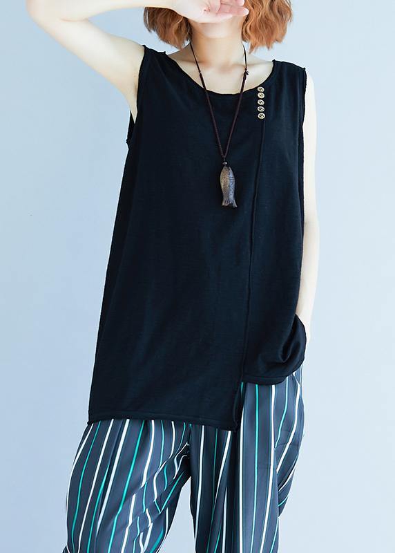 Handmade Black Sleeveless Cotton Summer Tops - SooLinen