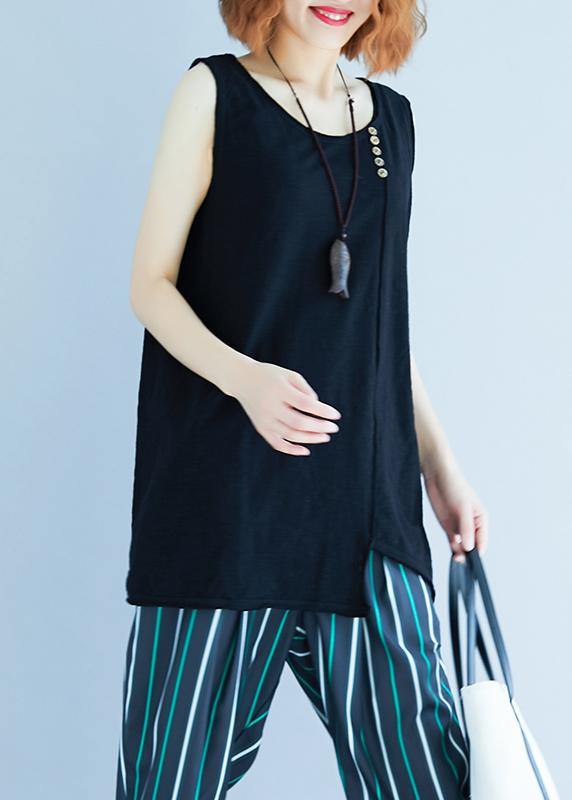 Handmade Black Sleeveless Cotton Summer Tops - SooLinen