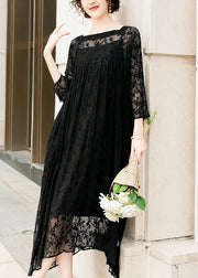 Handmade Black Square Collar Embroidered Silk A Line Dresses Summer