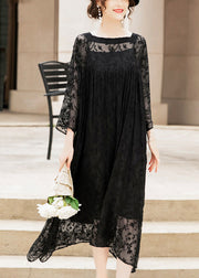 Handmade Black Square Collar Embroidered Silk A Line Dresses Summer