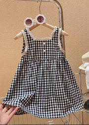 Handmade Black Square Collar Plaid Lace Patchwork Cotton Kids Mid Dress Sleeveless
