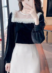 Handmade Black Square Collar Tulle Patchwork Velour Top Bottoming Shirt