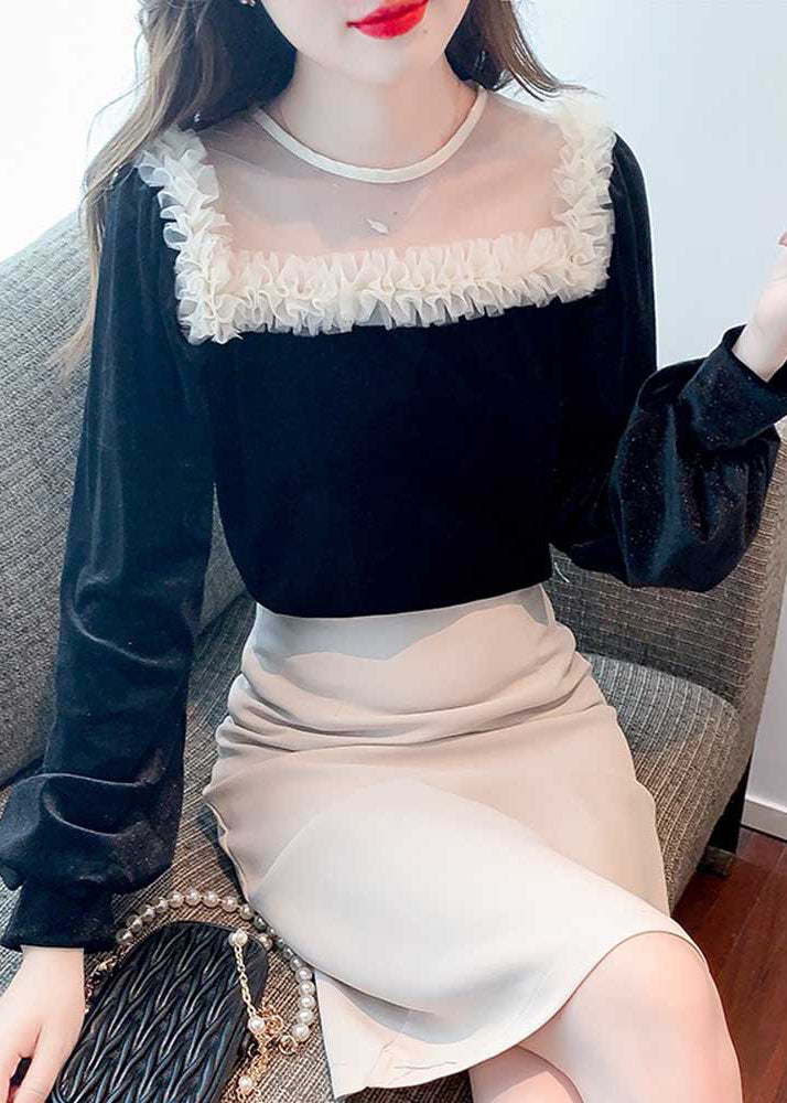 Handmade Black Square Collar Tulle Patchwork Velour Top Bottoming Shirt
