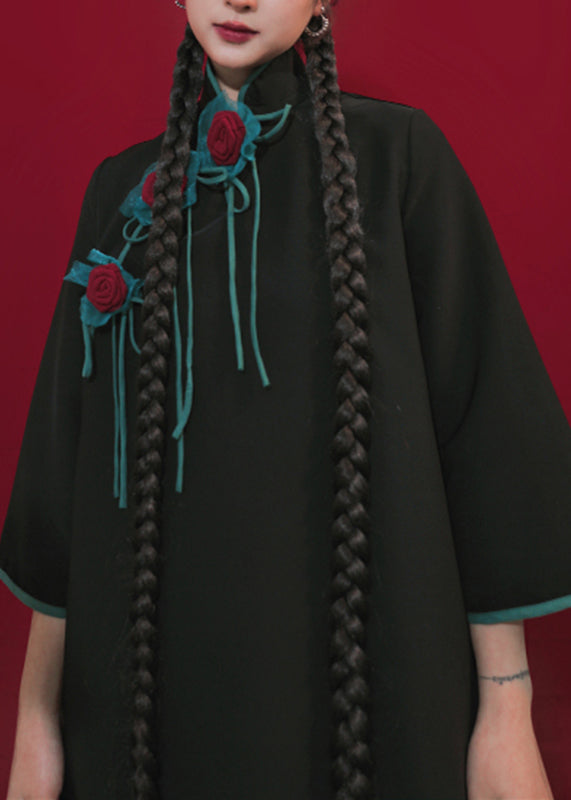 Handmade Black Stand Collar Asymmetrical Floral Top Long Sleeve