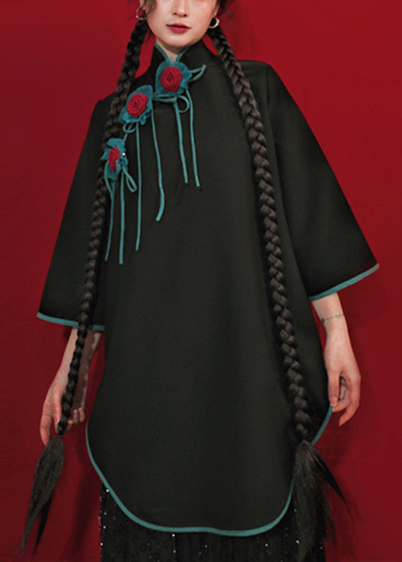 Handmade Black Stand Collar Asymmetrical Floral Top Long Sleeve