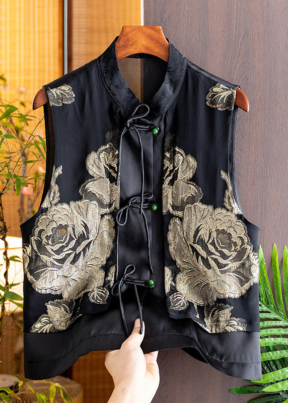 Handmade Black Stand Collar Embroidered Button Silk Cardigans Sleeveless