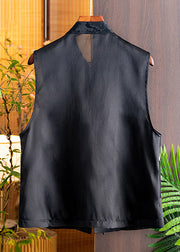 Handmade Black Stand Collar Embroidered Button Silk Cardigans Sleeveless