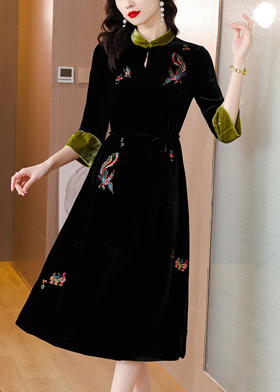 Handmade Black Stand Collar Embroidered Pockets Silk Velour Long Dresses Long Sleeve