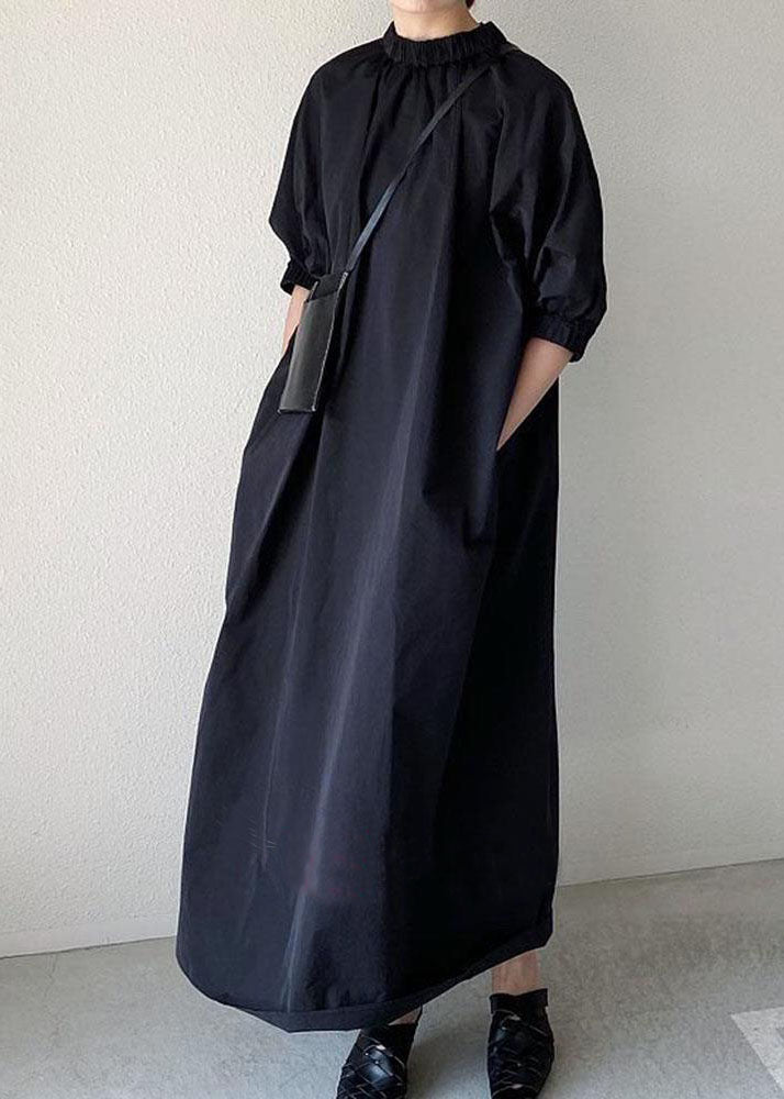 Handmade Black Stand Collar Patchwork Cotton Long Dress Half Sleeve