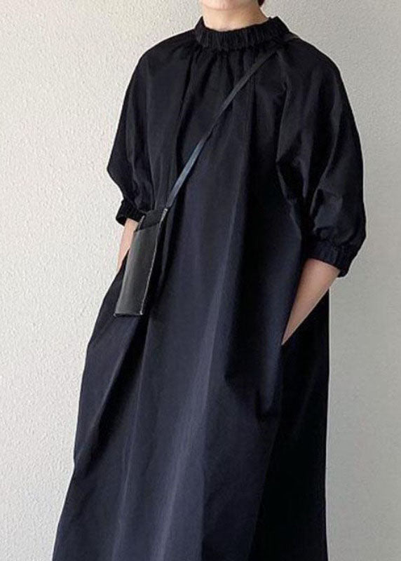 Handmade Black Stand Collar Patchwork Cotton Long Dress Half Sleeve