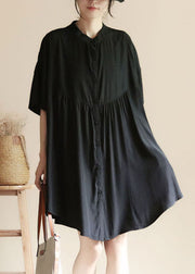 Handmade Black Stand Collar Patchwork Cotton Shirt Dress Summer
