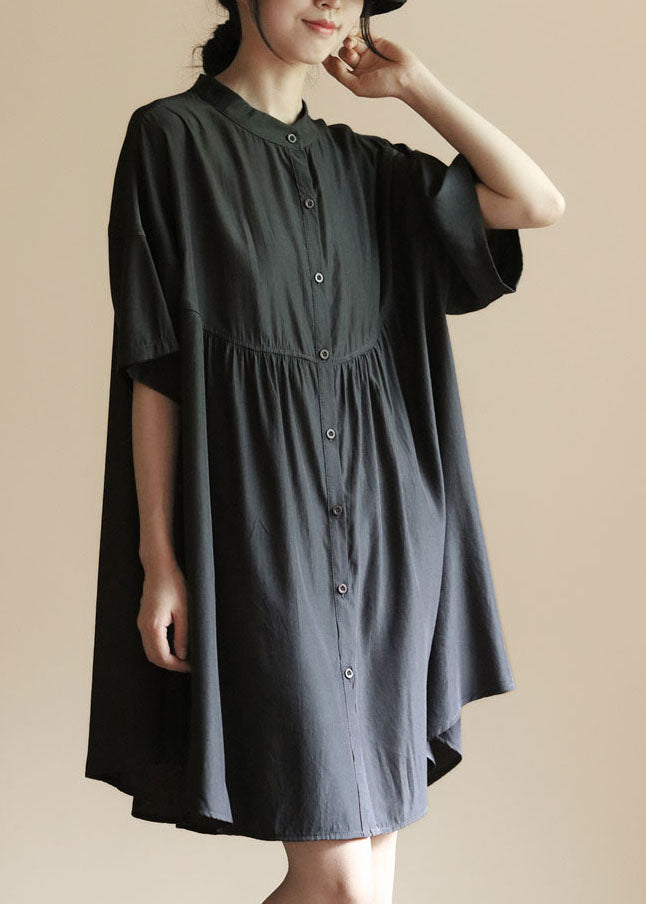 Handmade Black Stand Collar Patchwork Cotton Shirt Dress Summer