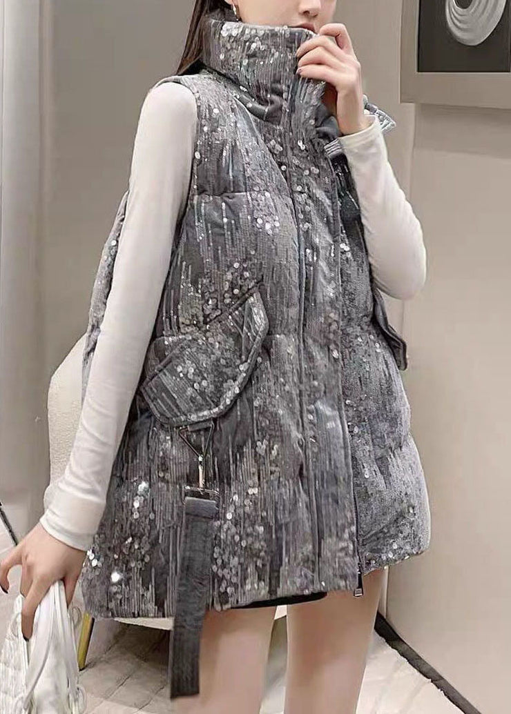 Handmade Black Stand Collar Sequins Pockets Fine Cotton Filled Puffers Vests Winter