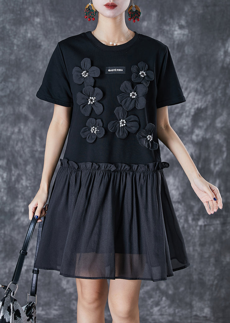 Handmade Black Stereoscopic Flower Patchwork Cotton Dresses Summer
