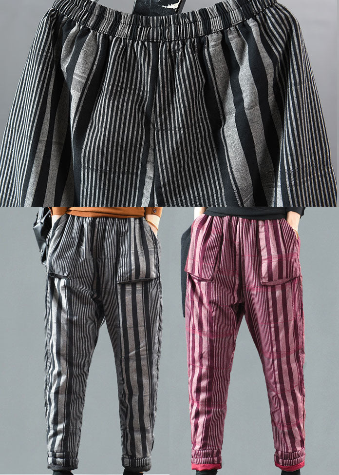 Handmade Black Striped Fine Cotton Filled Pants Winter