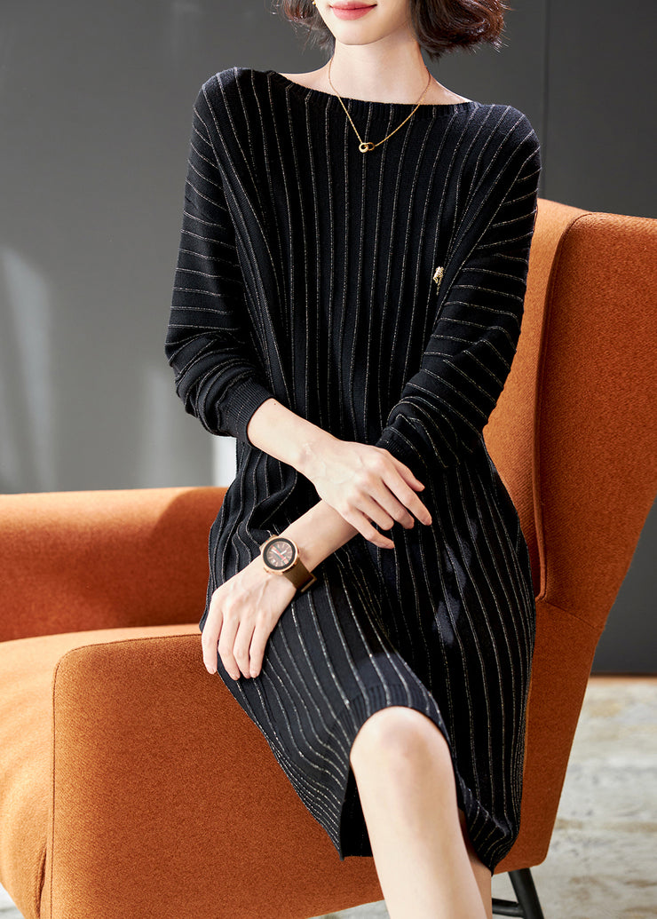 Handmade Black Striped Knit Pullover Streetwear Dress Spring