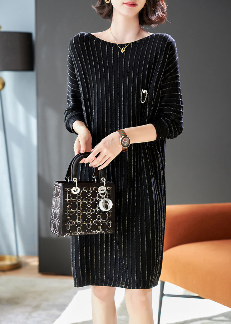 Handmade Black Striped Knit Pullover Streetwear Dress Spring