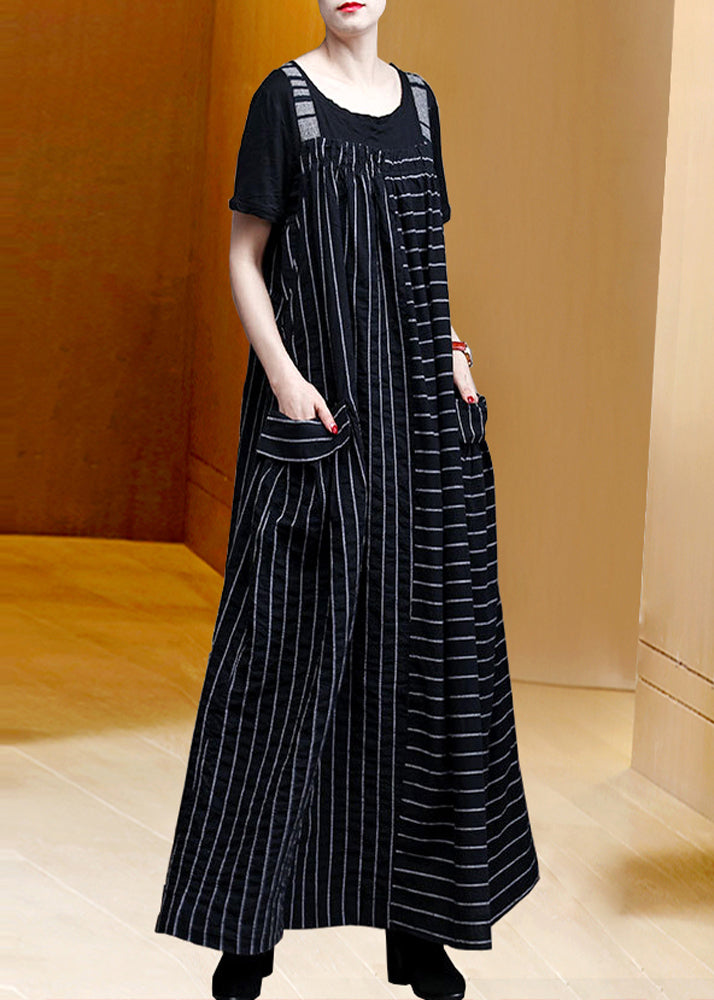 Handmade Black Striped Pockets Linen Carpenter Dress Fall