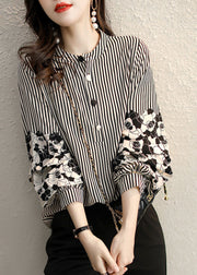 Handmade Black Striped Stand Collar Patchwork Print Chiffon Shirt Long Sleeve