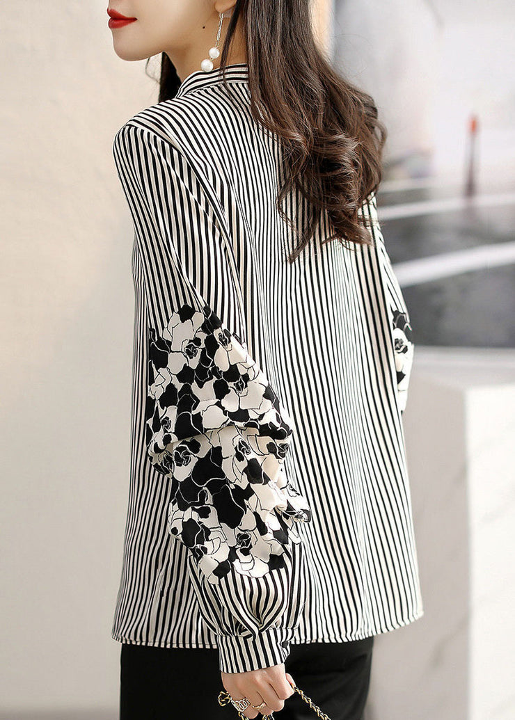 Handmade Black Striped Stand Collar Patchwork Print Chiffon Shirt Long Sleeve