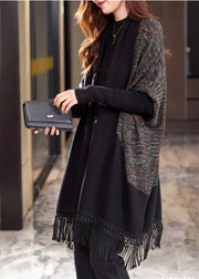 Handmade Black Tasseled Patchwork Knit Cardigan Batwing Sleeve
