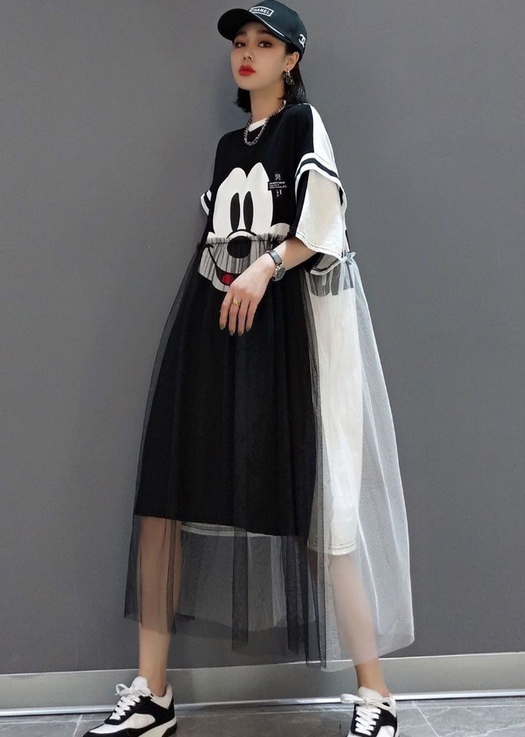 Handgemachtes schwarzes Tüll-Patchwork-Kleid mit kurzen Ärmeln