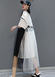 Handgemachtes schwarzes Tüll-Patchwork-Kleid mit kurzen Ärmeln