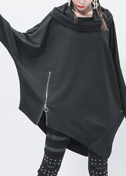 Handgefertigter schwarzer Rollkragenpullover mit asymmetrischem Patchwork-Reißverschluss und niedrigem Design, Fledermausärmel