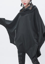 Handgefertigter schwarzer Rollkragenpullover mit asymmetrischem Patchwork-Reißverschluss und niedrigem Design, Fledermausärmel