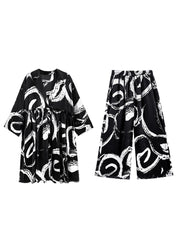Handmade Black V Neck Cinched print Silk tops wide leg pants Two Piece Set Outfits Spring