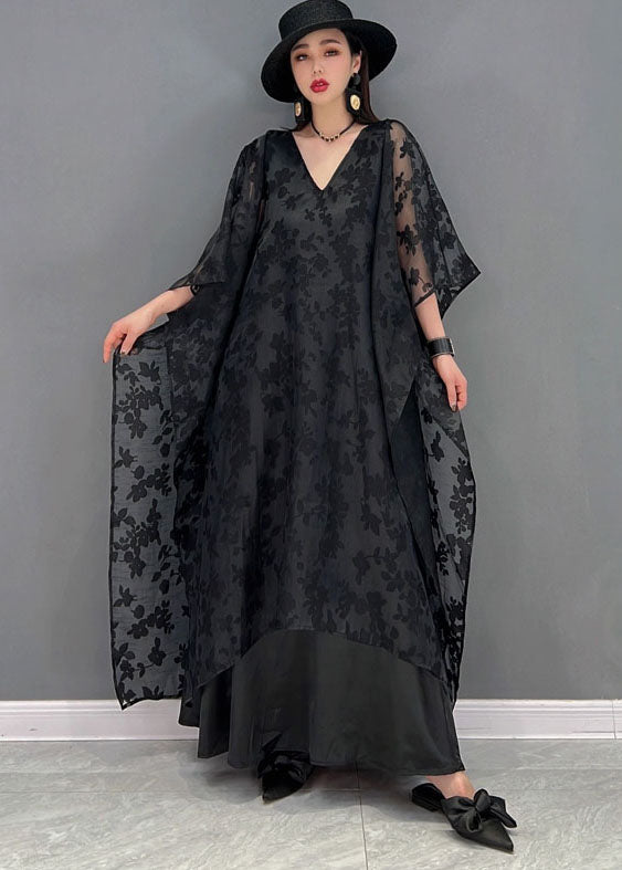 Handmade Black V Neck Embroidered Asymmetrical Design Silk Tulle Long Dress Batwing Sleeve