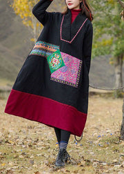 Handmade Black V Neck Patchwork Embroidered Fine Cotton Filled Gown Winter