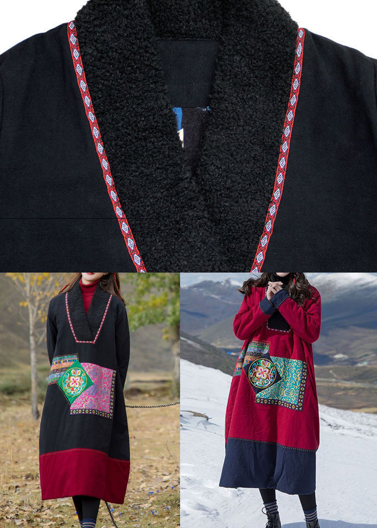 Handmade Black V Neck Patchwork Embroidered Fine Cotton Filled Gown Winter