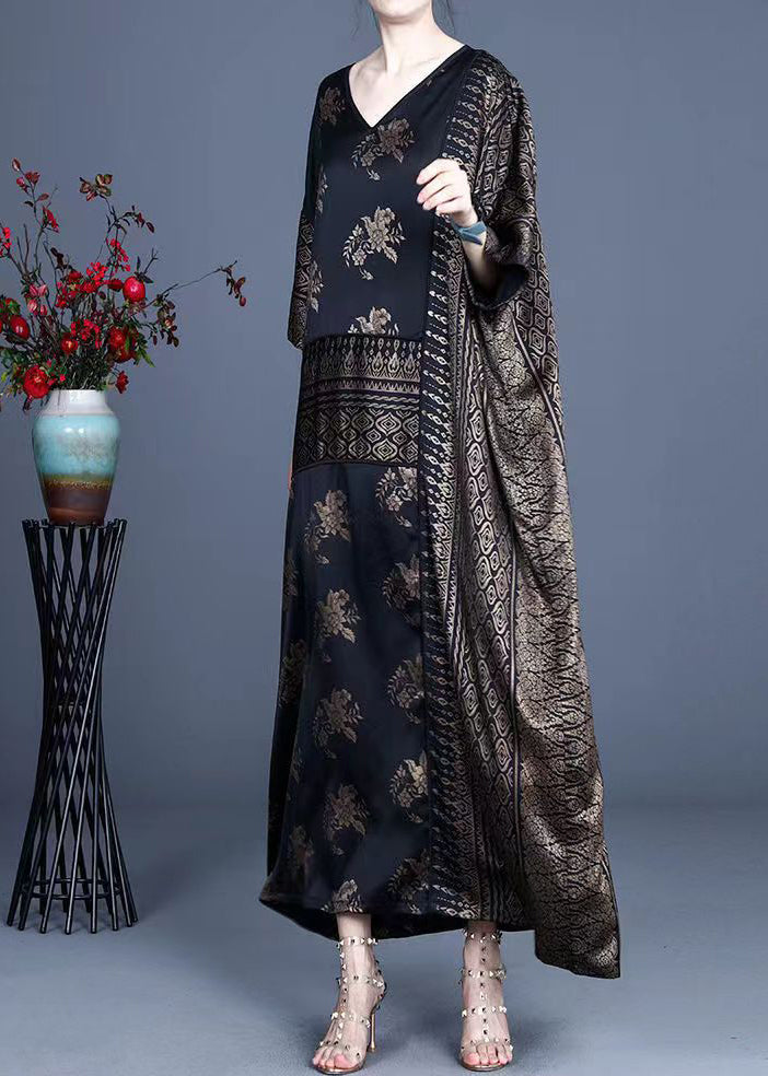 Handmade Black V Neck Patchwork Jacquard Silk Loose Dress Half Sleeve