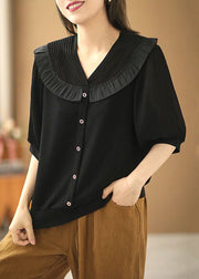 Handmade Black V Neck Patchwork Wrinkled Shirt Short Sleeve