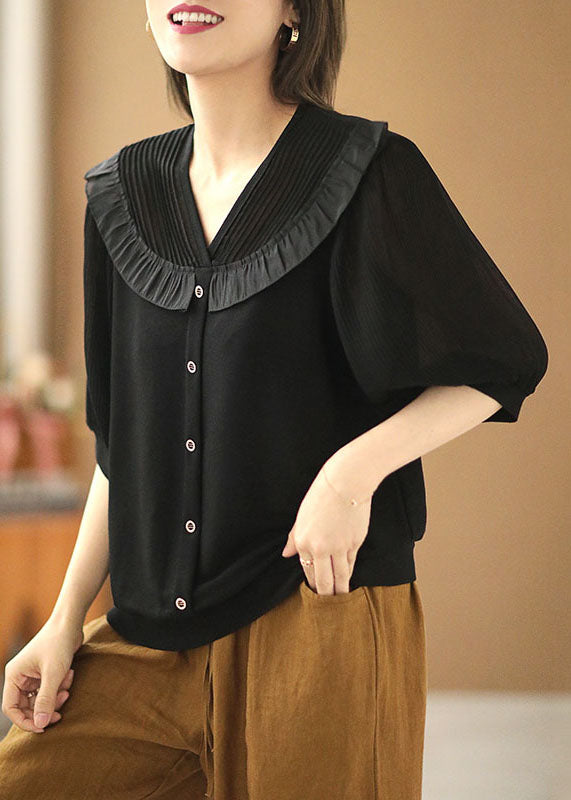 Handmade Black V Neck Patchwork Wrinkled Shirt Short Sleeve