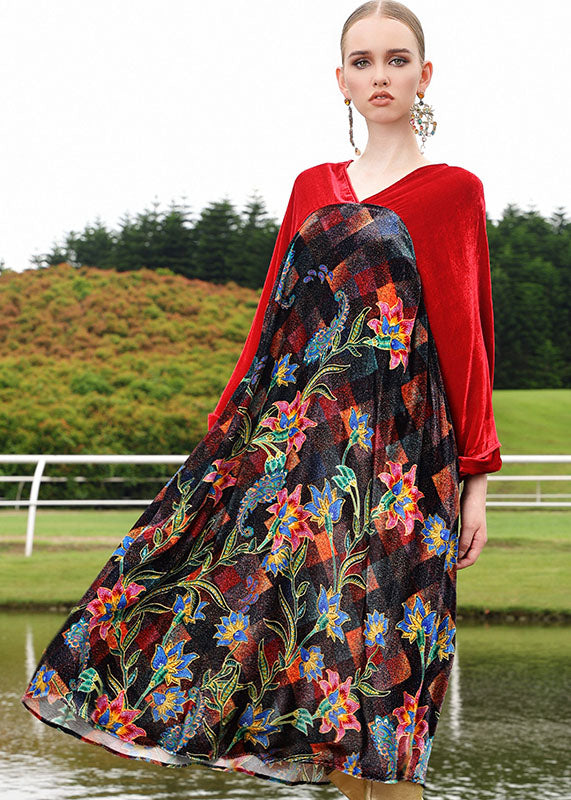 Handmade Black V Neck Print Silk Velour Patchwork Maxi Dresses Fall