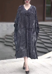 Handmade Black V Neck Wrinkled Long Dresses Batwing Sleeve
