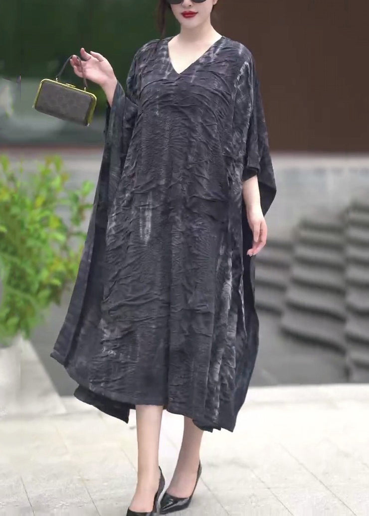 Handmade Black V Neck Wrinkled Long Dresses Batwing Sleeve