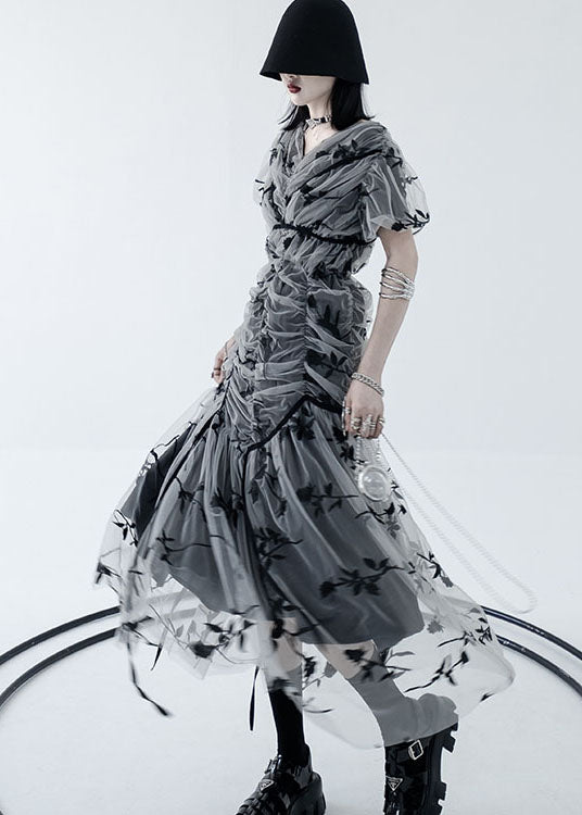 Handmade Black V Neck Wrinkled Print Tulle Cinch Long Dress Summer