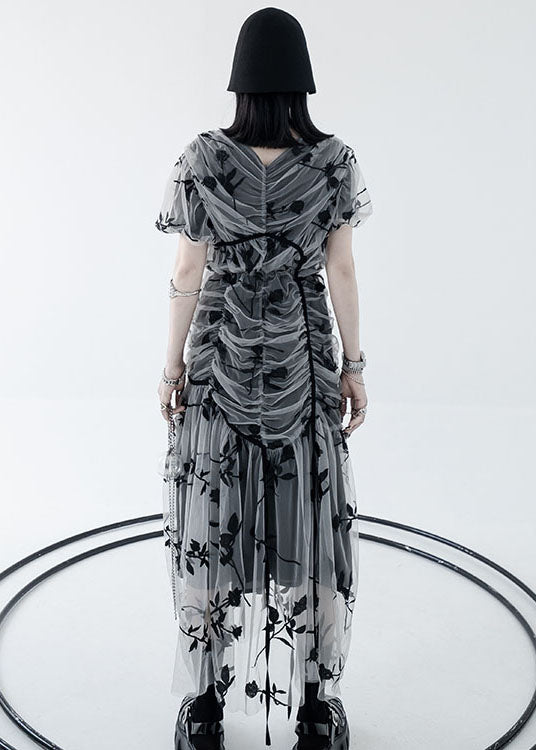 Handmade Black V Neck Wrinkled Print Tulle Cinch Long Dress Summer