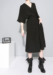Handmade Black V Neck tie waist Summer Dress - SooLinen